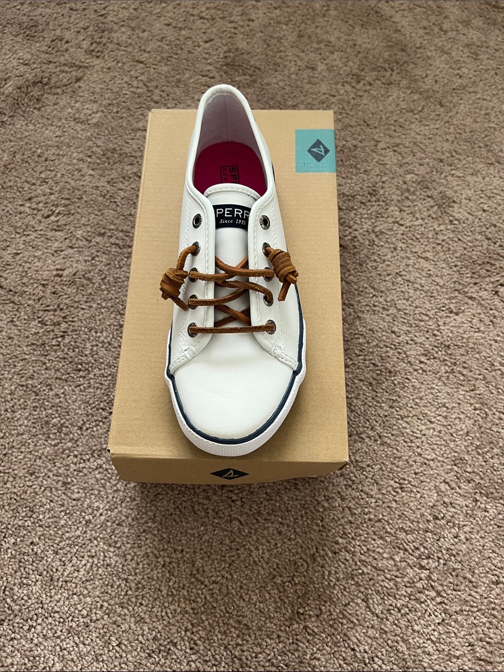 Sperry Seacoast White Leather Boat Shoes with Navy Trim